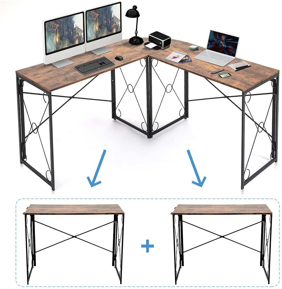 YAMSORO L Shaped Desk 59” Corner Computer Desk, Home Office Desk Writing Study Gaming Table, Large Long Workstation, Brown