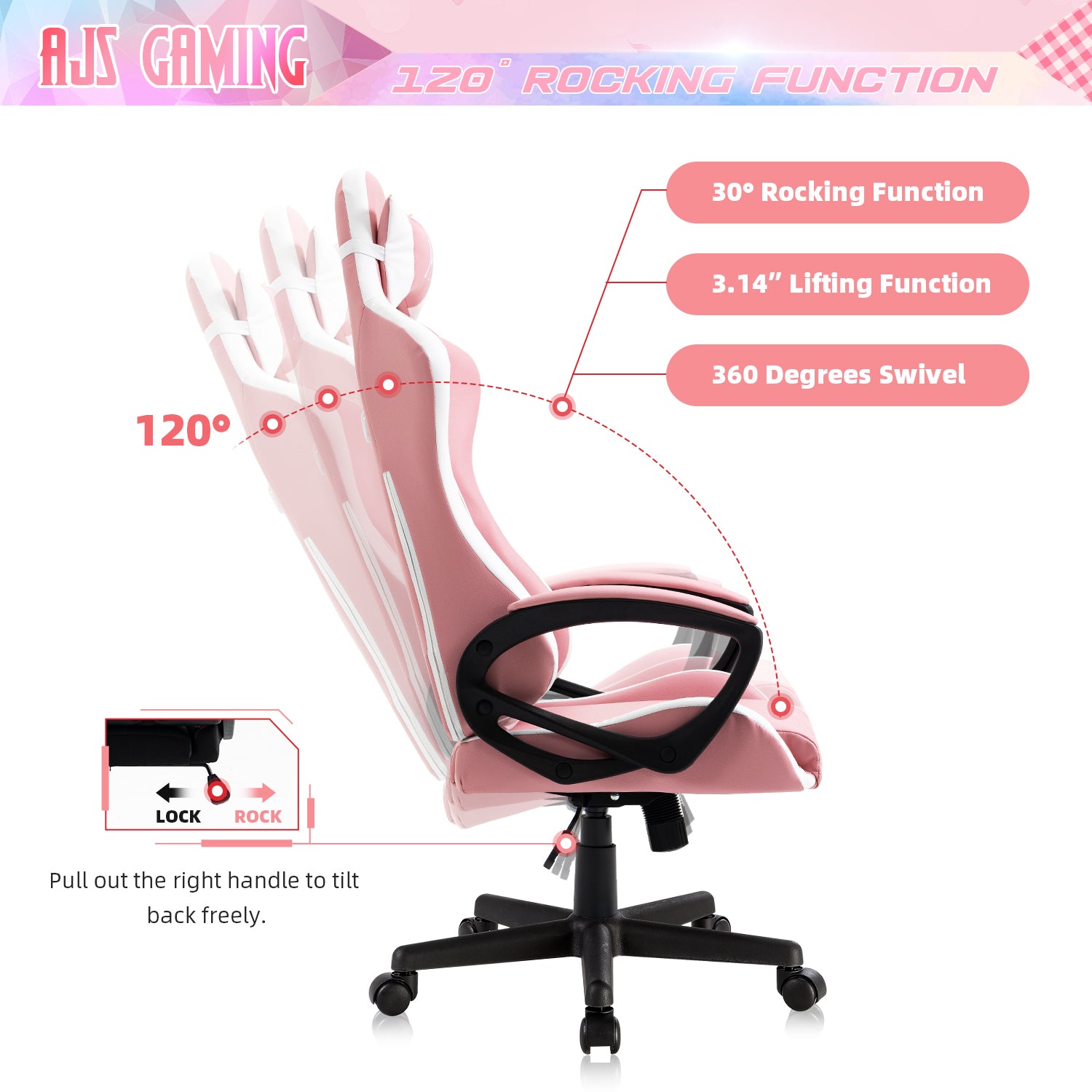 YAMASORO Pink Gaming Chair,High Back Ergonomic Racing Office Chair, Leather Computer Desk Chair Gamer Chair with Headrest and Lumbar Support for Girls Women