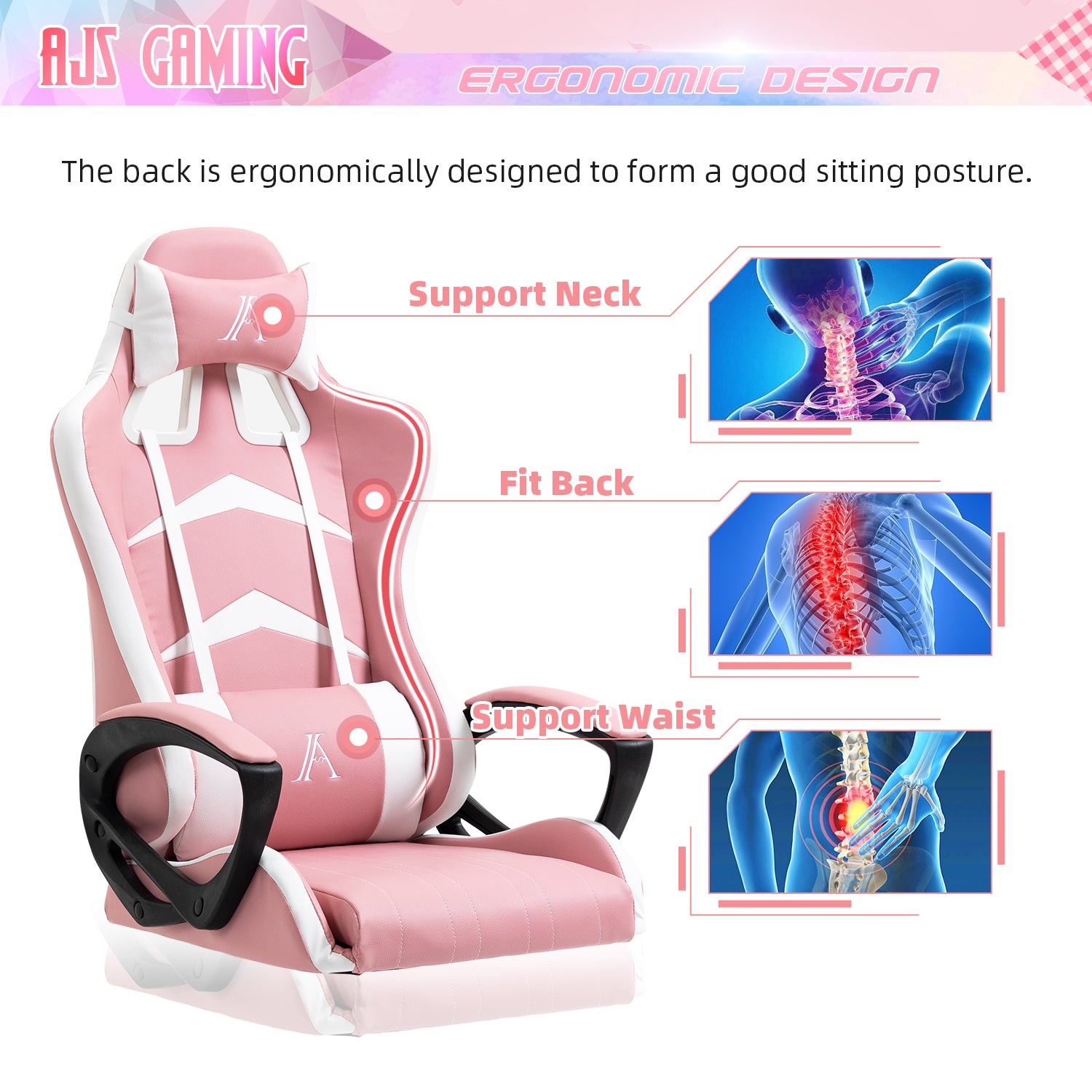 YAMASORO Pink Gaming Chair,High Back Ergonomic Racing Office Chair, Leather Computer Desk Chair Gamer Chair with Headrest and Lumbar Support for Girls Women
