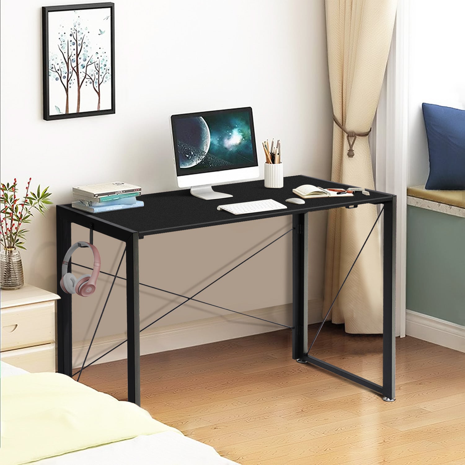 YAMASORO Writing Computer Desk 40" Modern Simple Study Folding Desk Industrial Style Laptop Table for Small Home Office, Foldable Corner Writing Table Gaming Desk Black Frame, Rustic Brown
