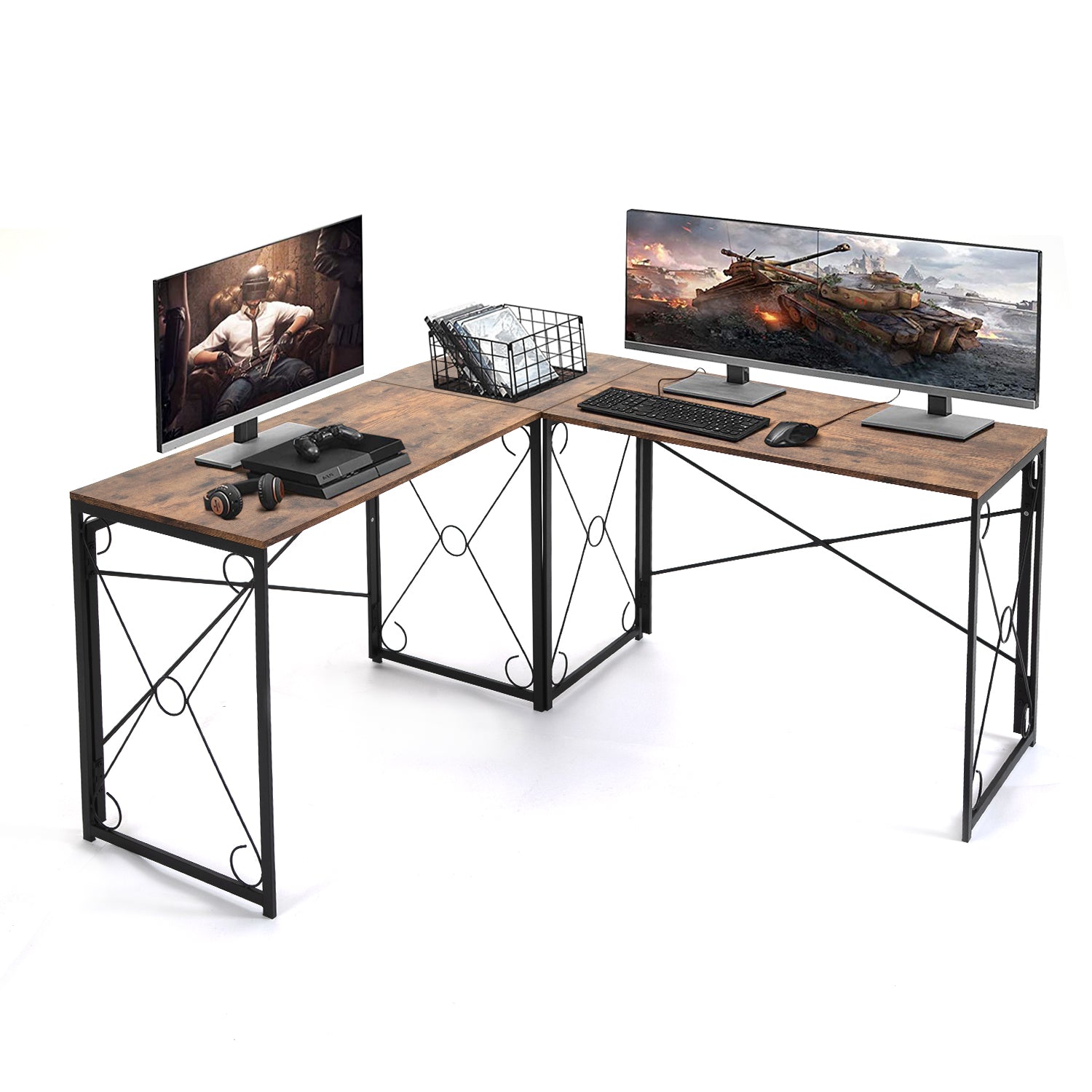 YAMSORO L Shaped Desk 59” Corner Computer Desk, Home Office Desk Writing Study Gaming Table, Large Long Workstation, Brown